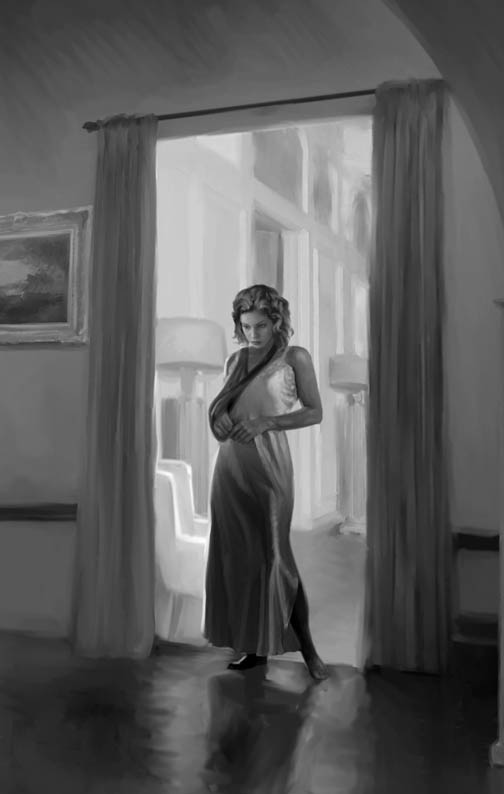 From Moonstone Books, series, "The Spider," the 1930s crime fighter, this is a detail from the full painting, showing Nita, the Spider's female associate, as she reflects on her injured arm and surviving an attack from "The Chaos Maker."
